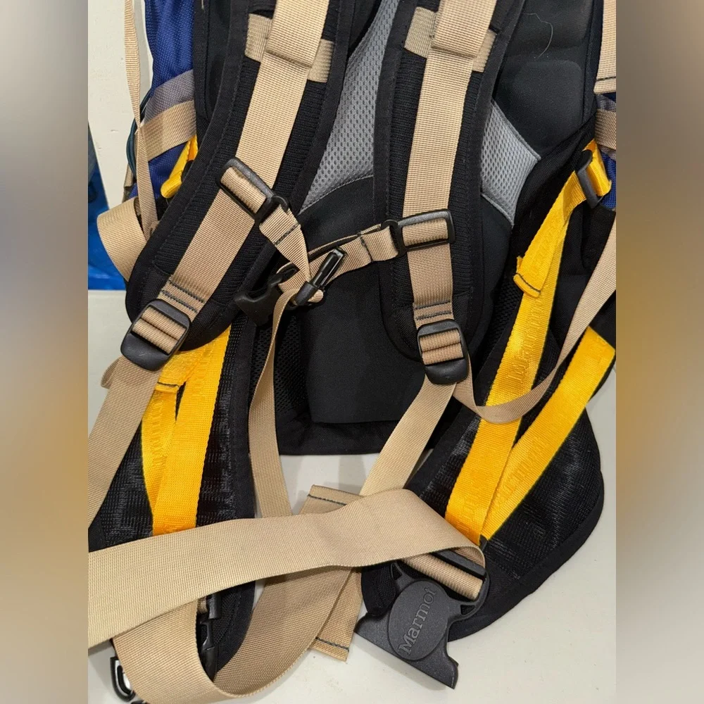 Marmot Blue and Gray Hiking Backpack with Tan Straps